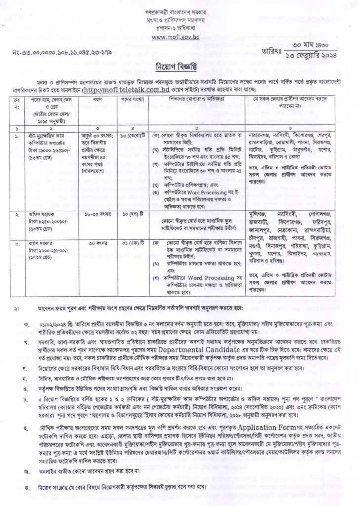 ২৪ পদে মৎস্য ও প্রাণিসম্পদ মন্ত্রণালয় (mofl) এ নিয়োগ