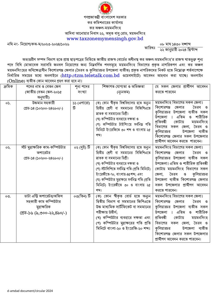 ২৯ পদে কর কমিশনারের কার্যালয় কর অঞ্চল ময়মনসিংহ তে নিয়োগ