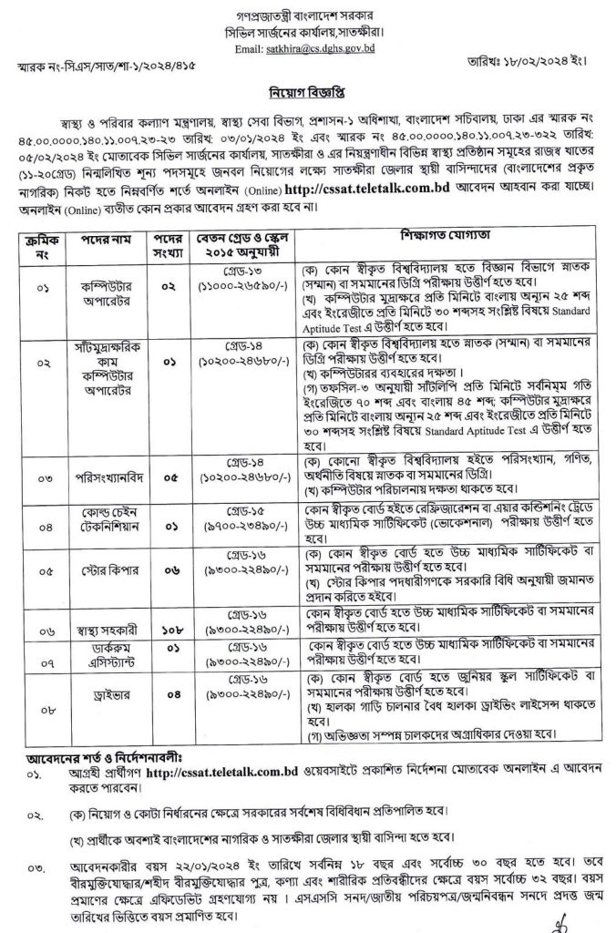 সিভিল সার্জন এর কার্যালয় সাতক্ষীরায় বিভিন্ন পদে নিয়োগ